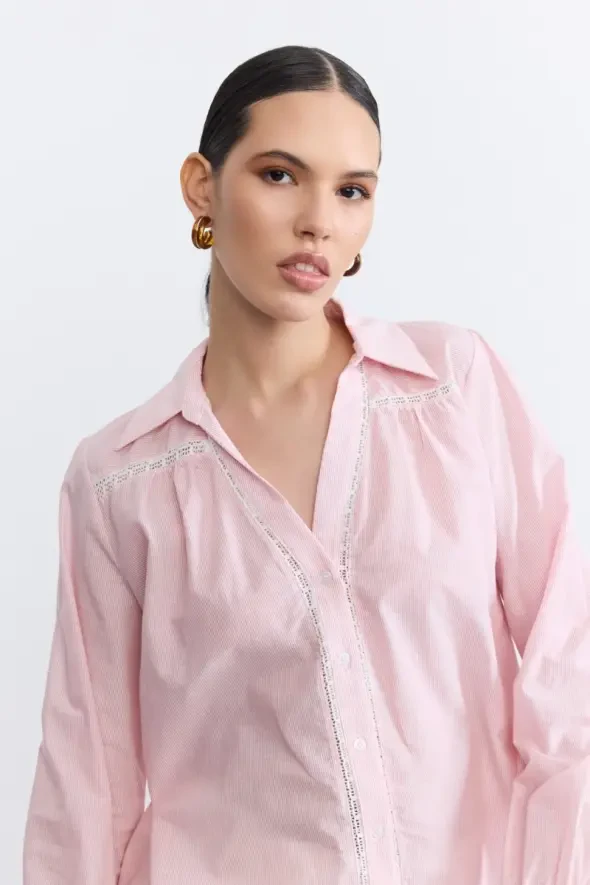 Striped Lace Detail Cotton Shirt - Red - 4