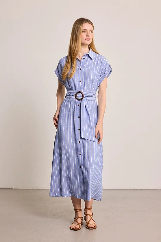 Striped Linen Blend Maxi Dress - Blue - Gusto