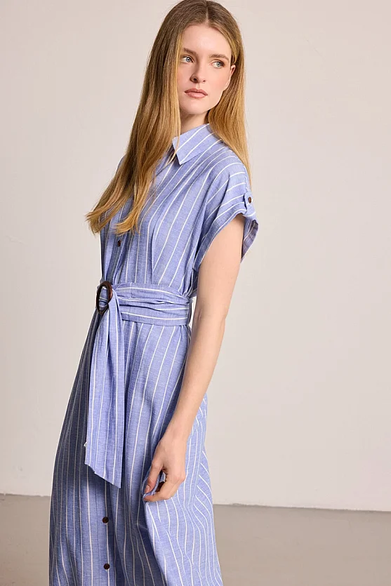 Striped Linen Blend Maxi Dress - Blue - Gusto