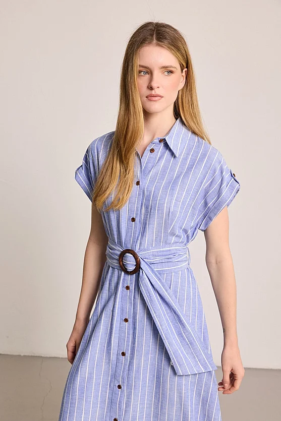 Striped Linen Blend Maxi Dress - Blue - Gusto