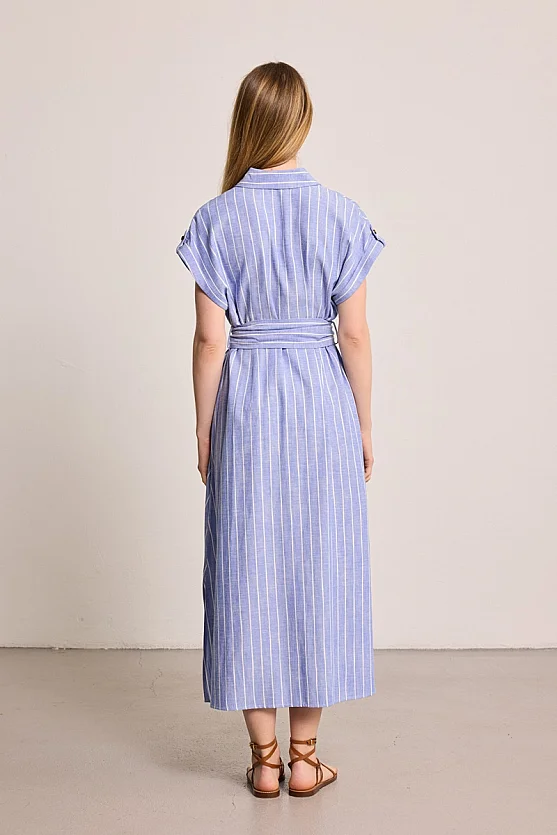 Striped Linen Blend Maxi Dress - Blue - Gusto