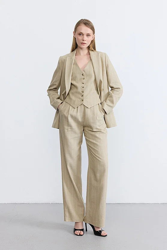 Striped Linen Blend Palazzo Trousers - Beige - Gusto