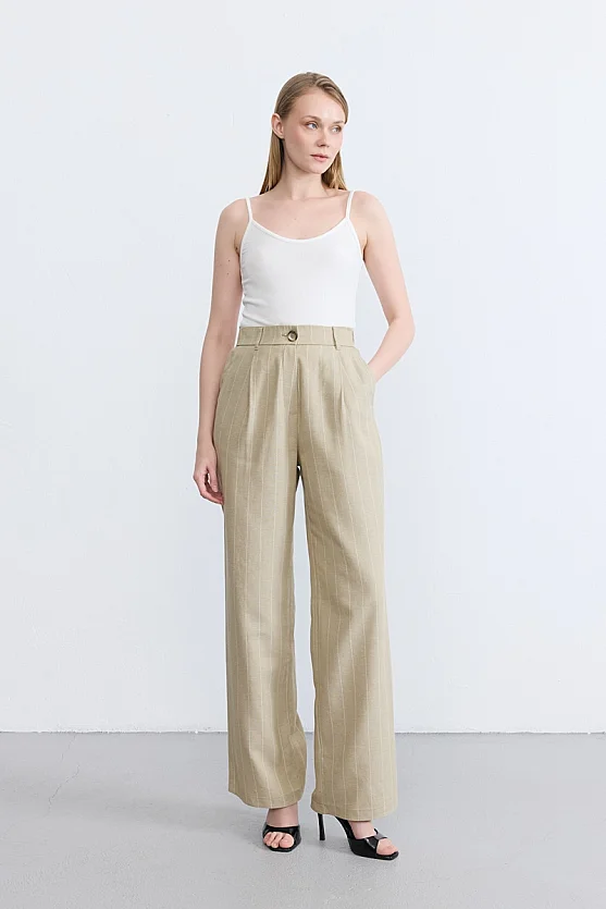 Striped Linen Blend Palazzo Trousers - Beige - Gusto