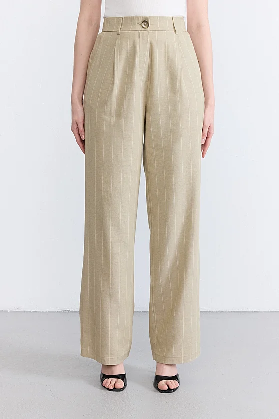 Striped Linen Blend Palazzo Trousers - Beige - Gusto