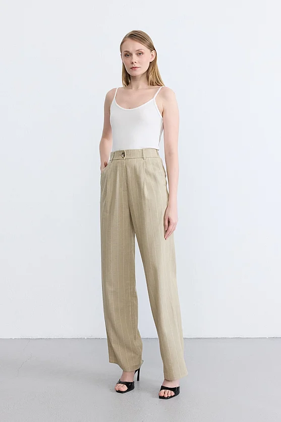 Striped Linen Blend Palazzo Trousers - Beige - Gusto