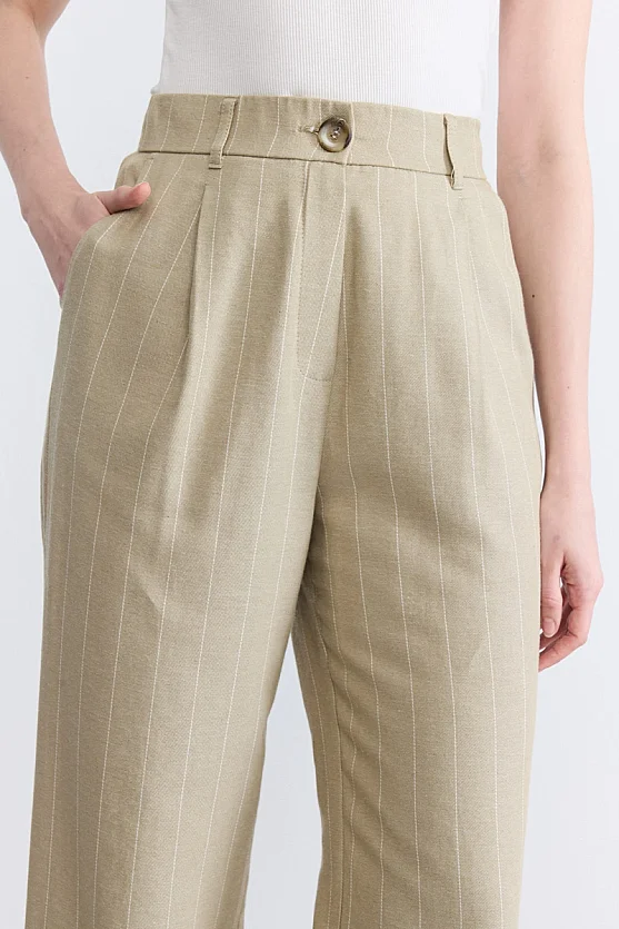Striped Linen Blend Palazzo Trousers - Beige - Gusto
