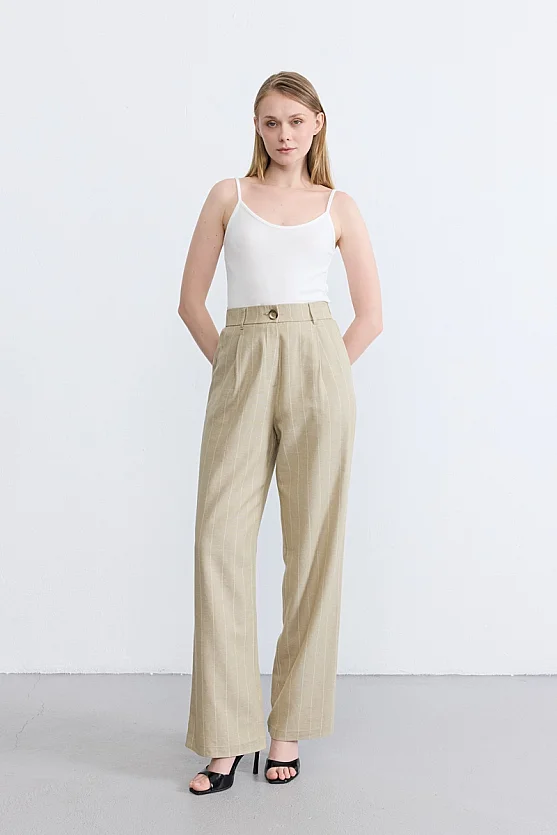 Striped Linen Blend Palazzo Trousers - Beige - Gusto