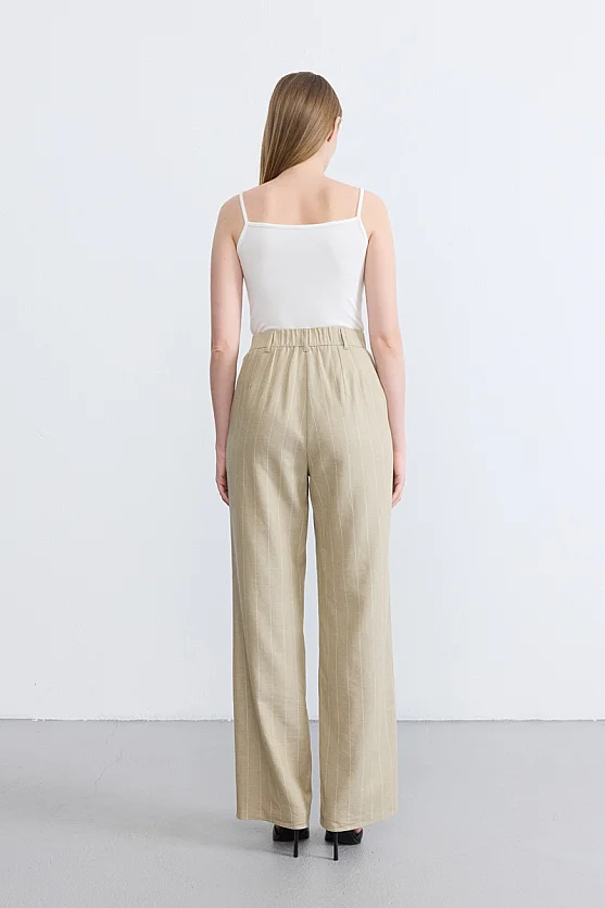 Striped Linen Blend Palazzo Trousers - Beige - Gusto