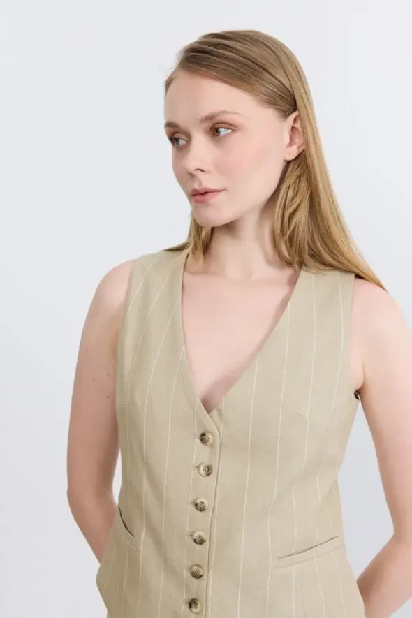 Striped Linen Blend Vest - Beige