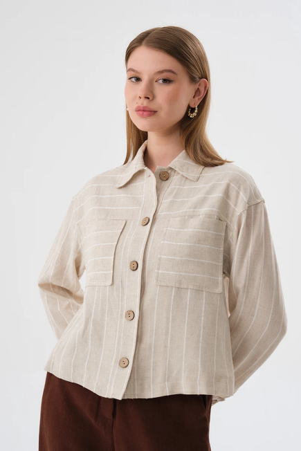 Striped Linen Crop Jacket - Beige Beige