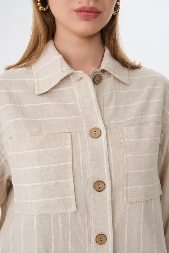 Striped Linen Crop Jacket - Beige - 4