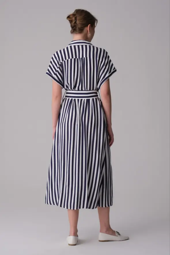 Striped Linen Dress - Navy Blue - 5