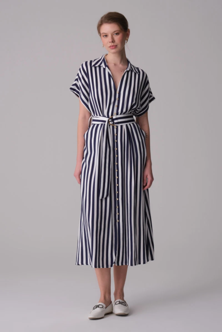 Striped Linen Dress - Navy Blue Navy Blue