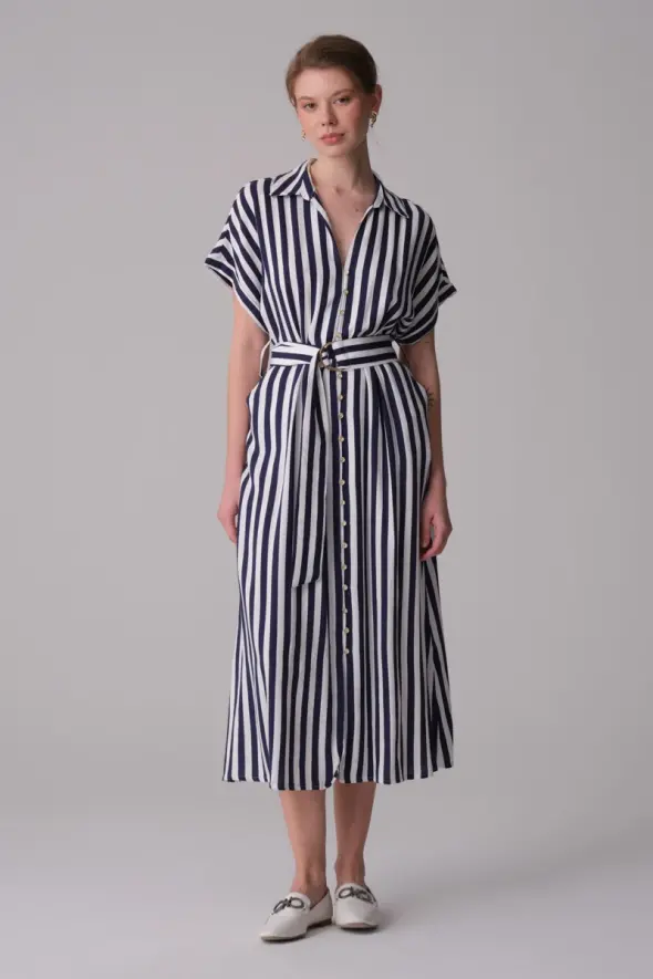 Striped Linen Dress - Navy Blue - 1