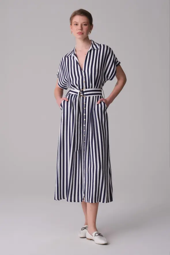 Striped Linen Dress - Navy Blue - 2