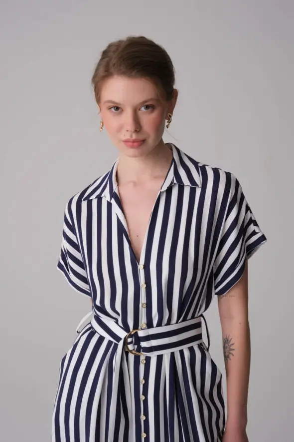 Striped Linen Dress - Navy Blue - 3