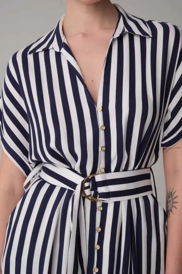 Striped Linen Dress - Navy Blue - 4