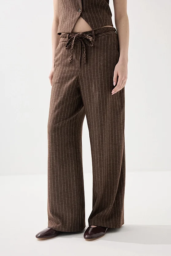Striped Linen Knit Belted Pants - Brown - 2