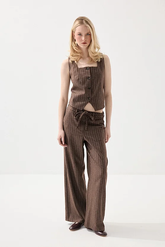 Striped Linen Knit Belted Pants - Brown - Gusto
