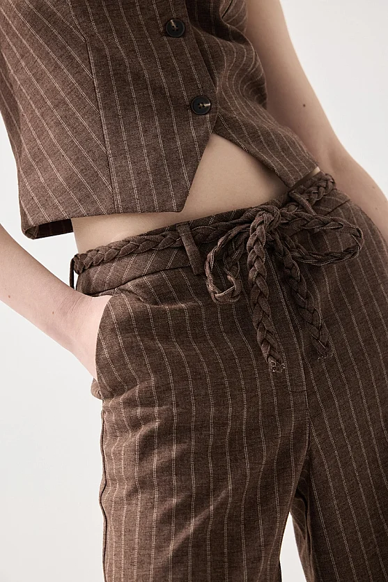 Striped Linen Knit Belted Pants - Brown - Gusto