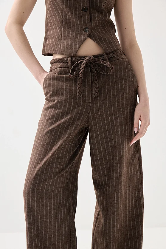 Striped Linen Knit Belted Pants - Brown - 5