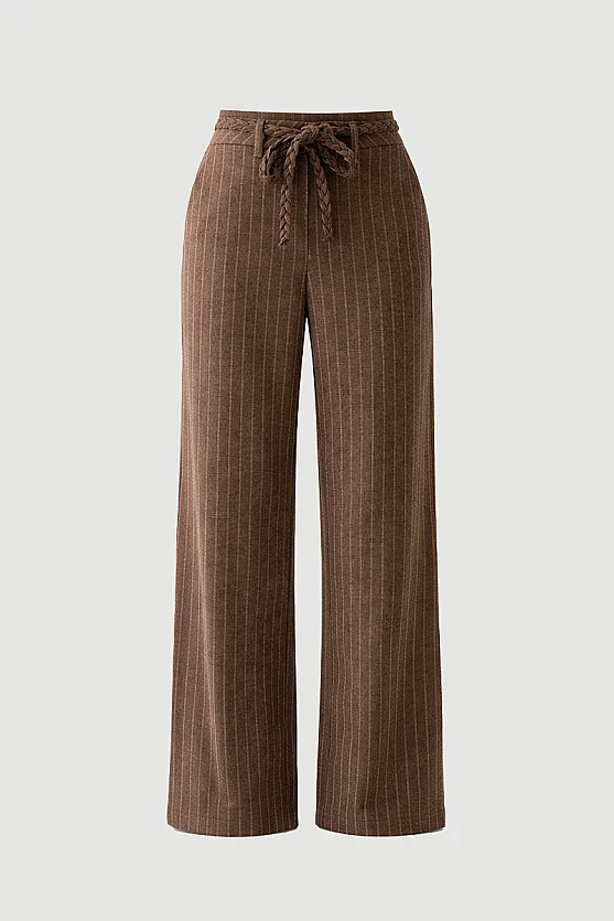 Striped Linen Knit Belted Pants - Brown - 7