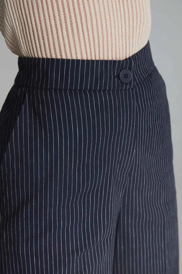 Striped Linen Pants - Navy Blue - 6