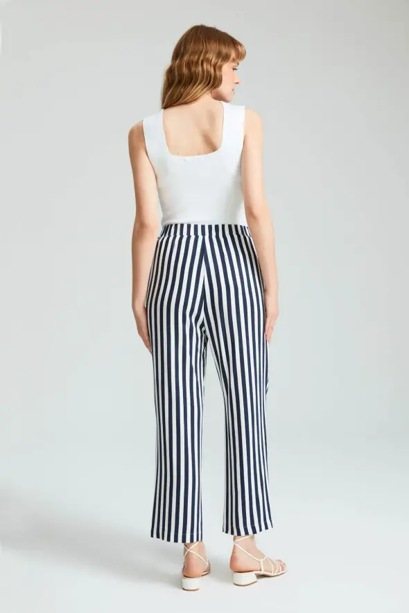 Striped Linen Pants - Navy Blue - 7