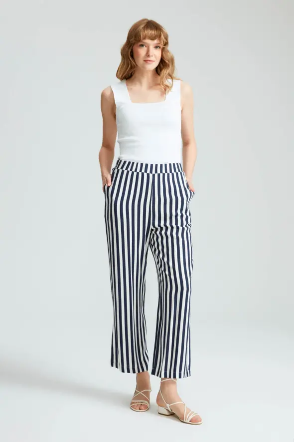 Striped Linen Pants - Navy Blue - 4