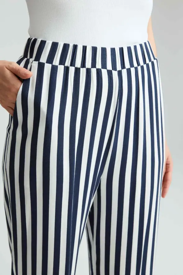 Striped Linen Pants - Navy Blue - 6