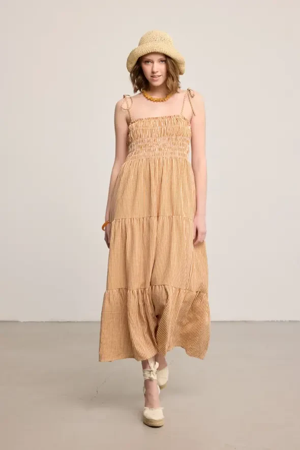 Striped Linen Sleeveless Long Dress - Brick - Gusto