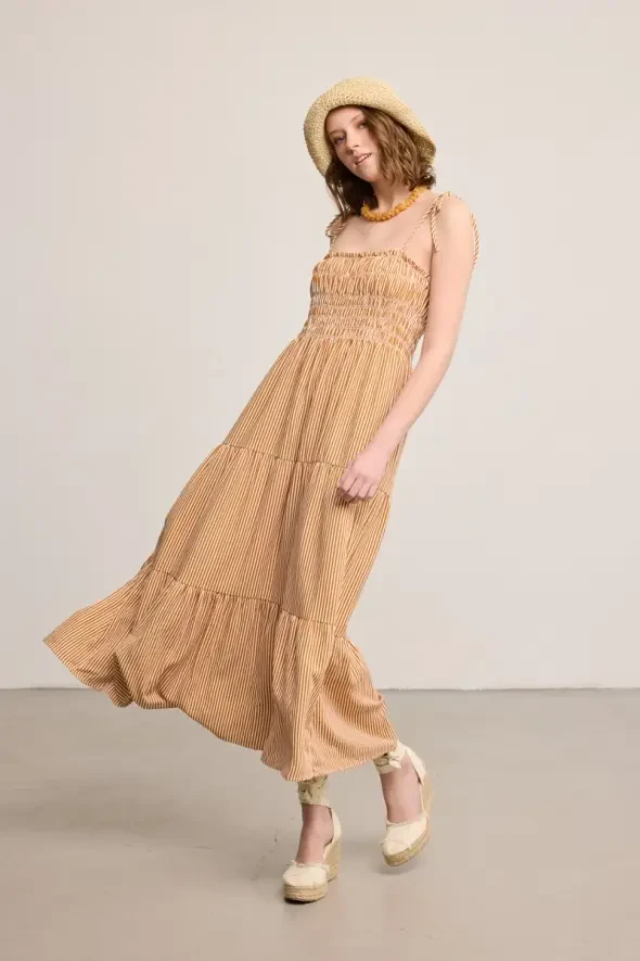 Striped Linen Sleeveless Long Dress - Brick - Gusto