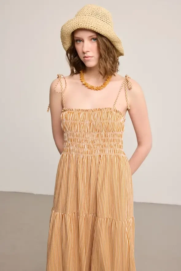 Striped Linen Sleeveless Long Dress - Brick - Gusto