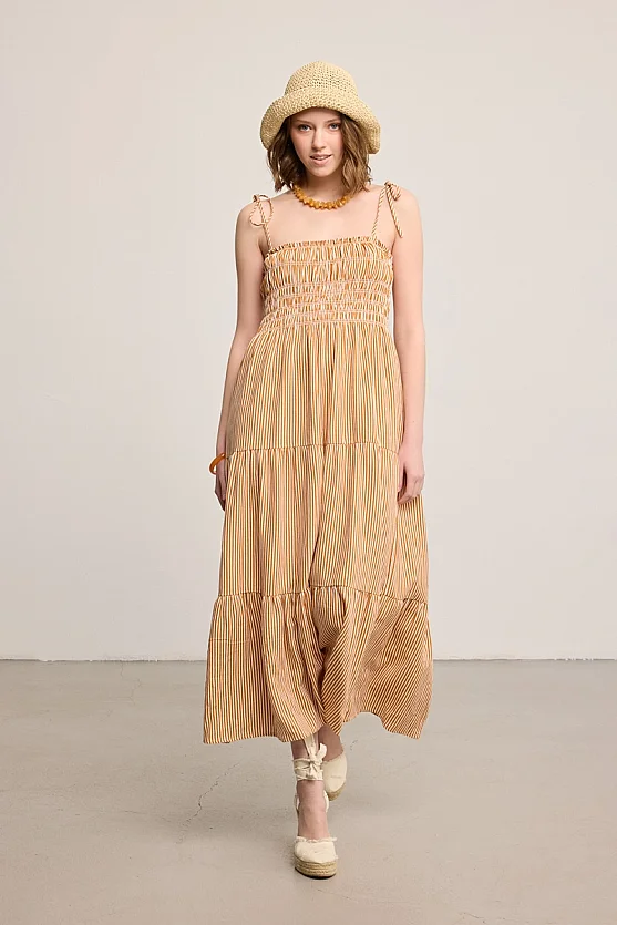Striped Linen Strap Maxi Dress - Brick - Gusto