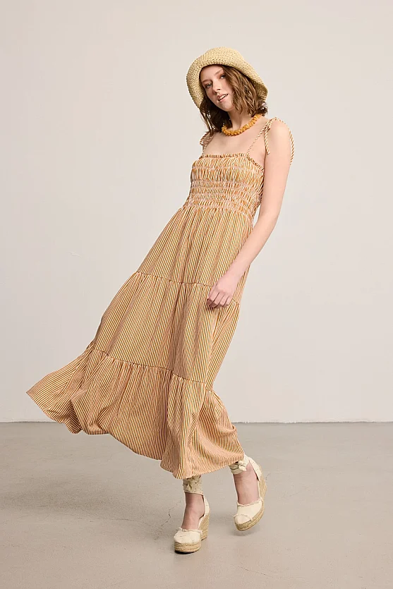 Striped Linen Strap Maxi Dress - Brick - Gusto