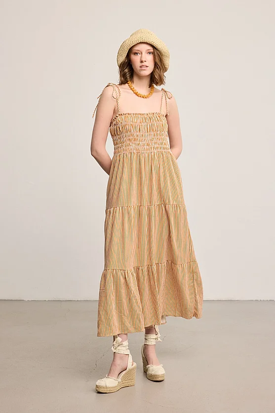 Striped Linen Strap Maxi Dress - Brick - Gusto