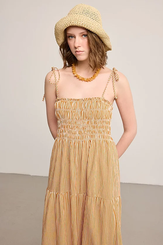 Striped Linen Strap Maxi Dress - Brick - Gusto