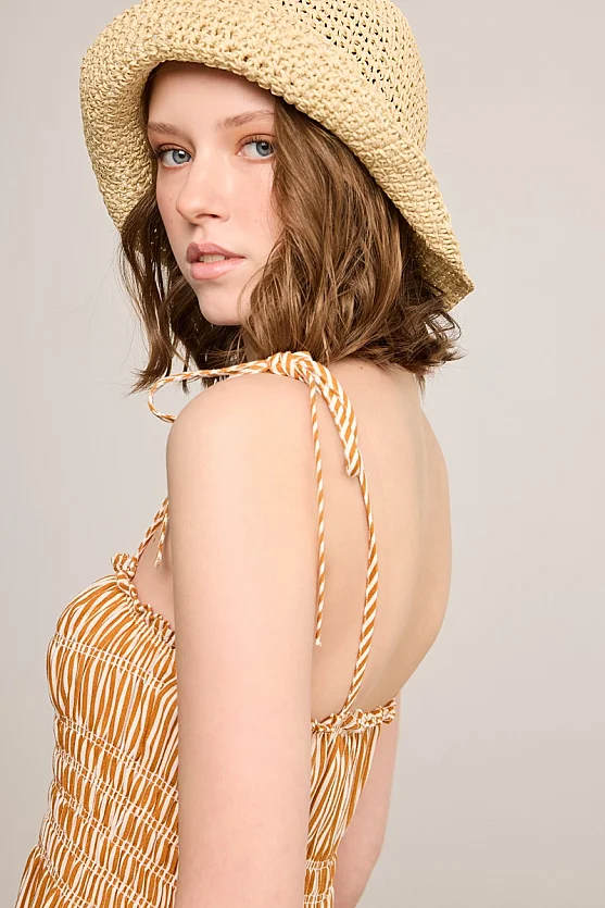 Striped Linen Strap Maxi Dress - Brick - Gusto