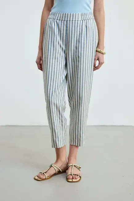 Striped Linen-Textured Pants - Blue - Gusto