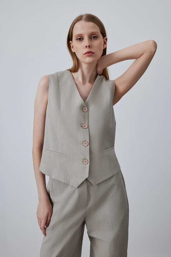 Striped Linen Vest - Mink - 1