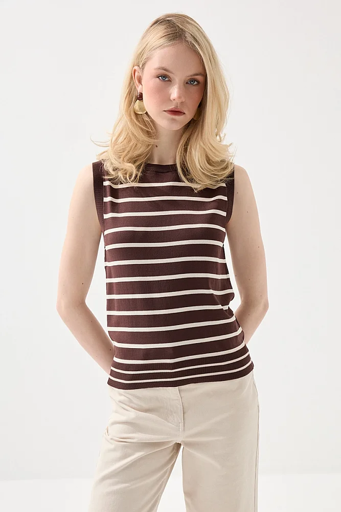 Striped Mercerized Knit Blouse - Brown