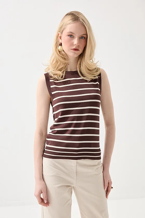Striped Mercerized Knit Blouse - Brown - 3