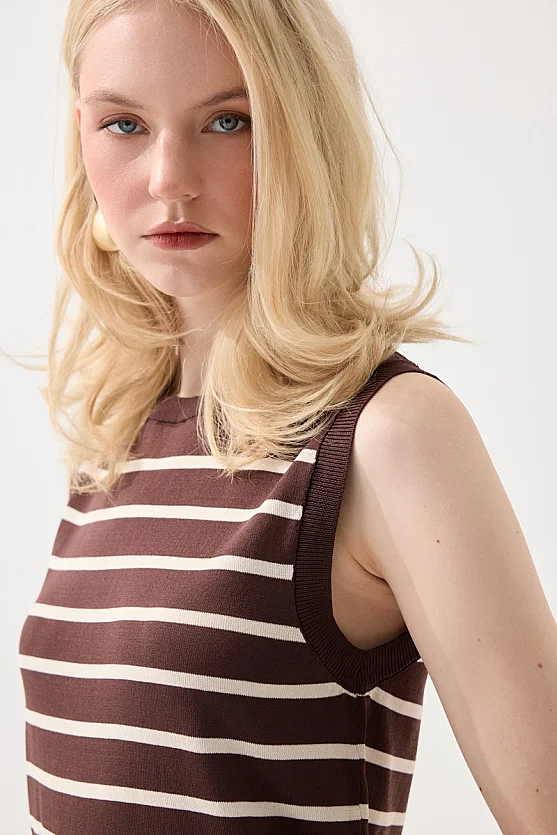 Striped Mercerized Knit Blouse - Brown - 2