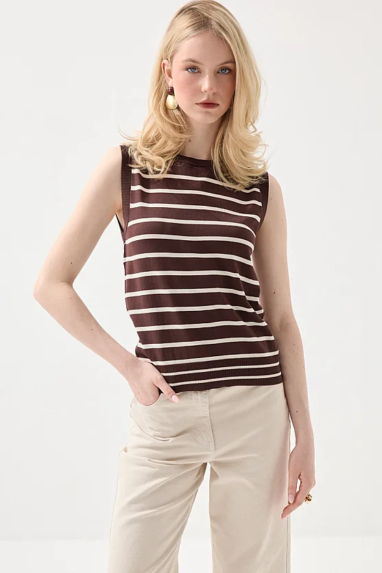 Striped Mercerized Knit Blouse - Brown - 4