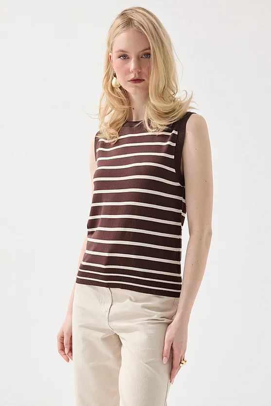Striped Mercerized Knit Blouse - Brown - 5