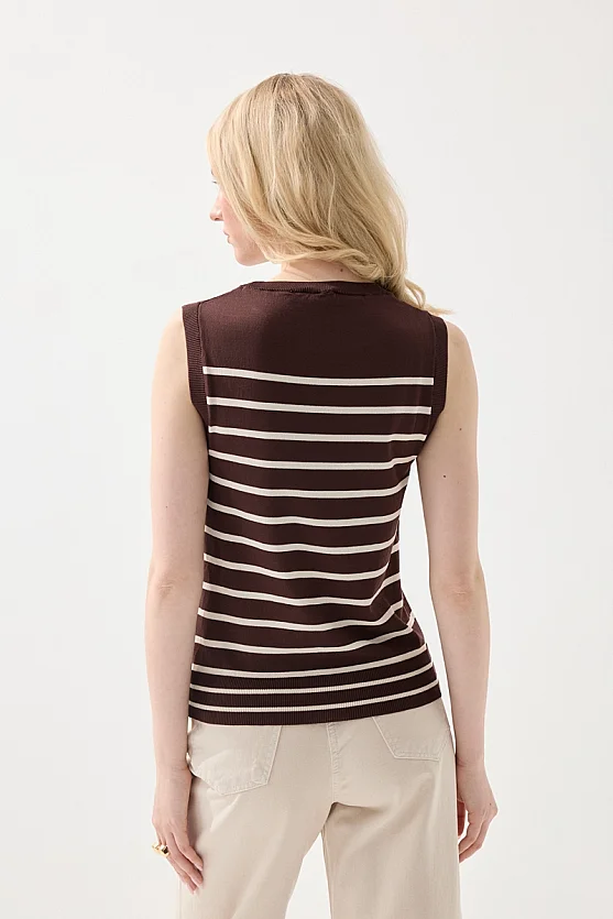 Striped Mercerized Knit Blouse - Brown - 6