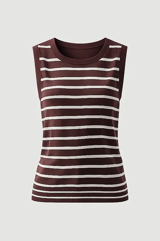 Striped Mercerized Knit Blouse - Brown - Gusto