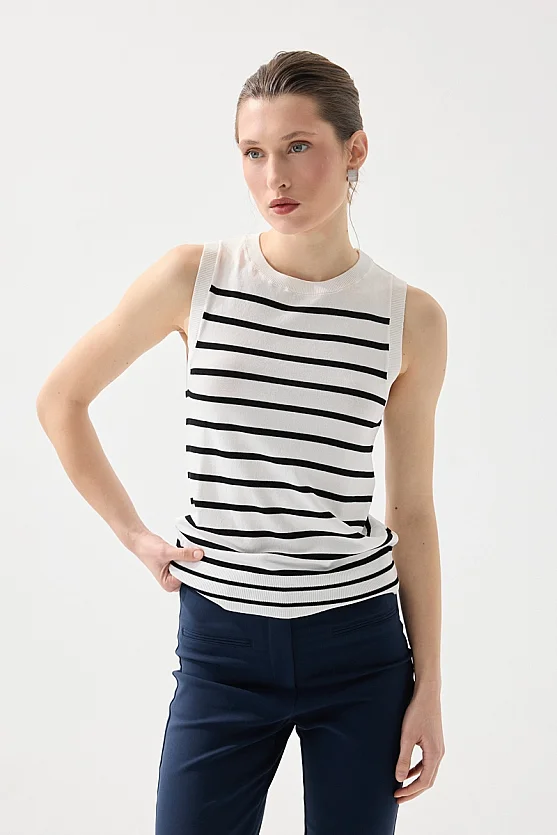 Striped Mercerized Knit Blouse - White - Gusto