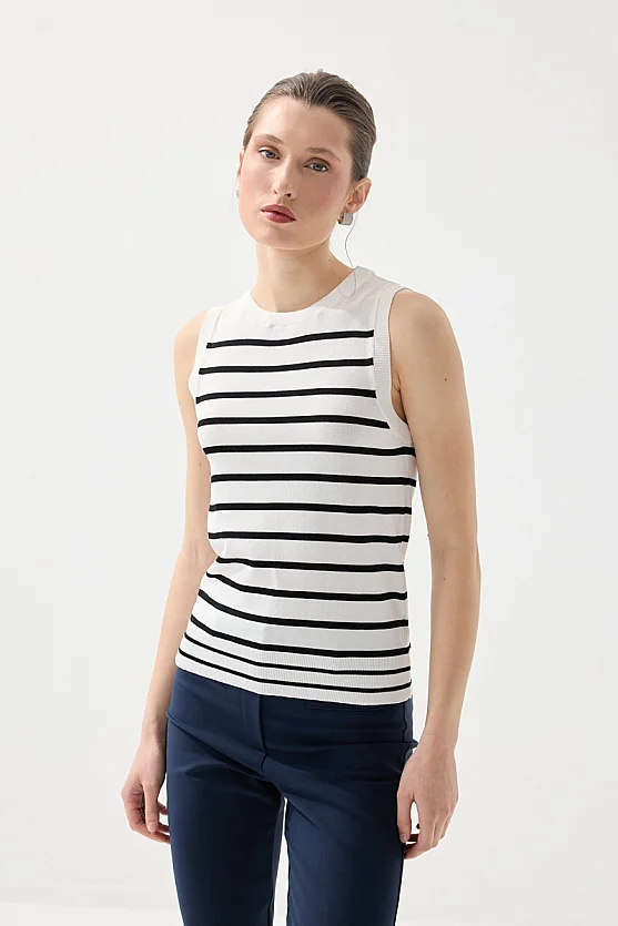 Striped Mercerized Knit Blouse - White - 3
