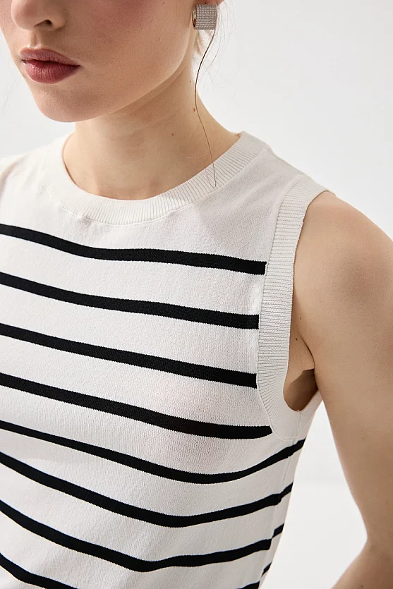 Striped Mercerized Knit Blouse - White - Gusto